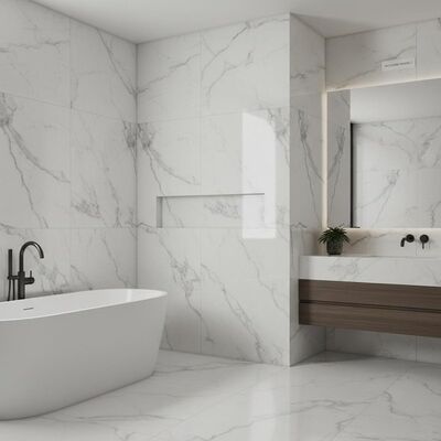 Baldosa de porcelana con aspecto de mármol para baño, estilo moderno, que proporciona una solución de decoración de edificios con efecto mármol auténtico y material robusto